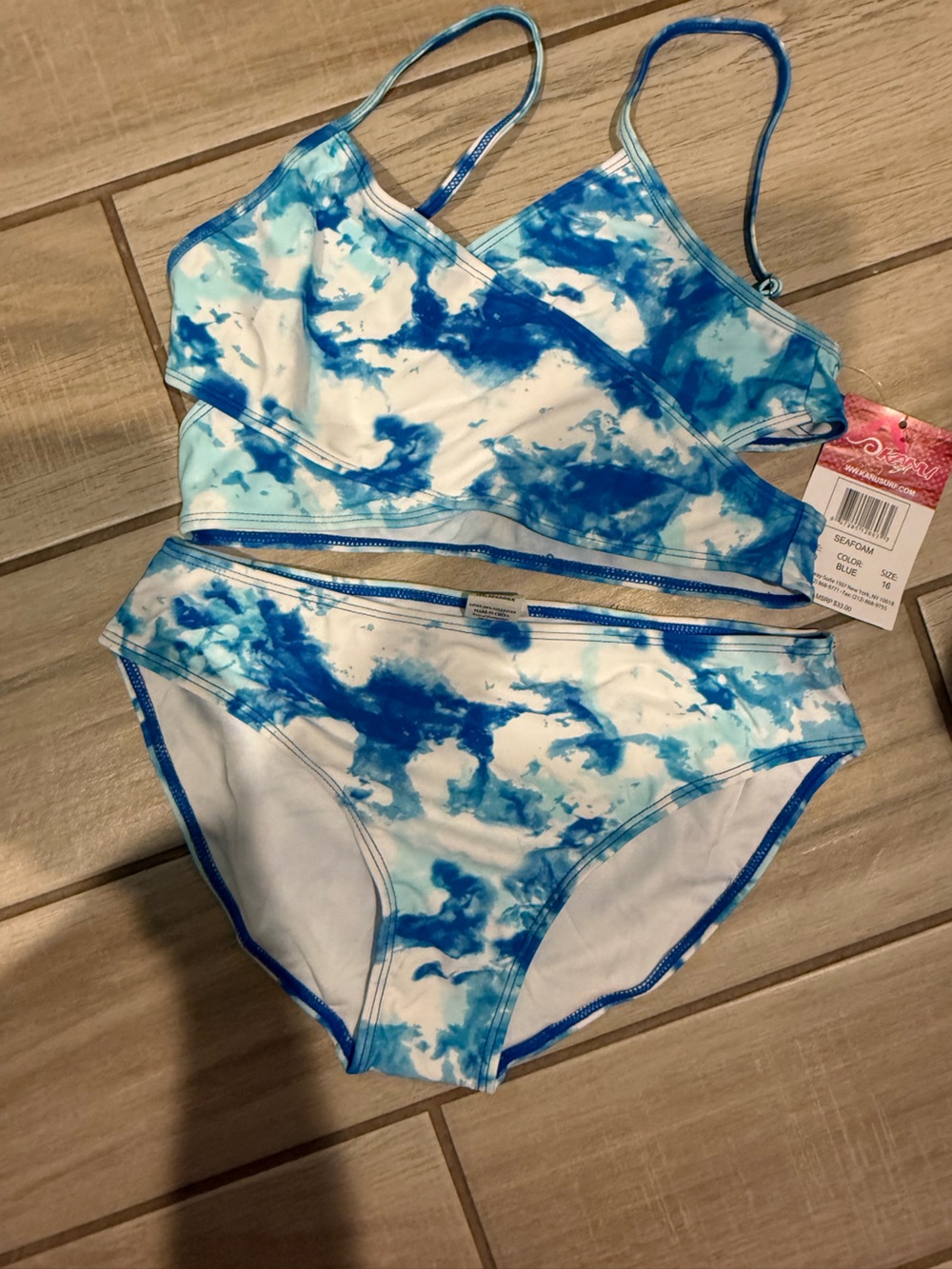 Girls Blue Tie-Dye Bikini set faux wrap top with side cutouts size 16 NWT